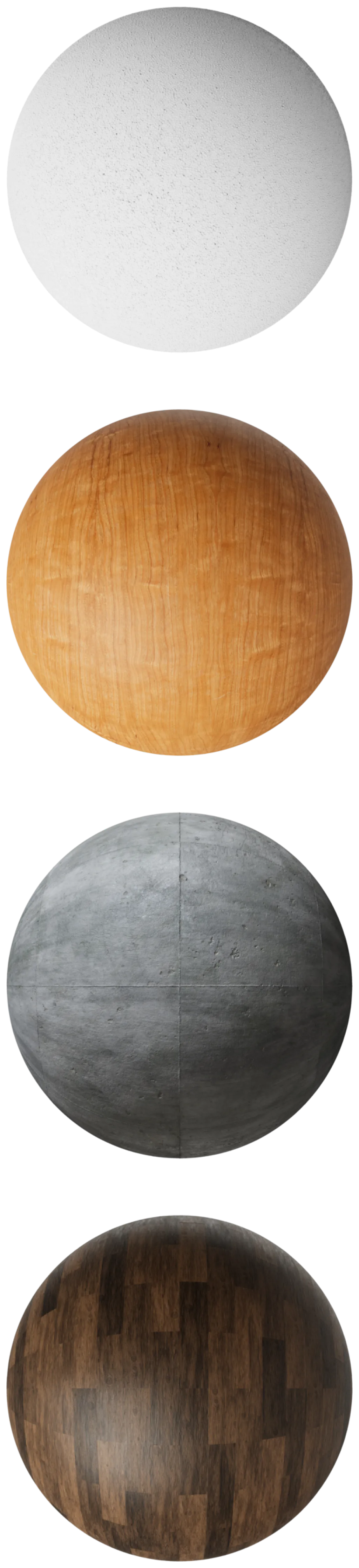 Four material spheres, plaster, oak, concrete and dark wood