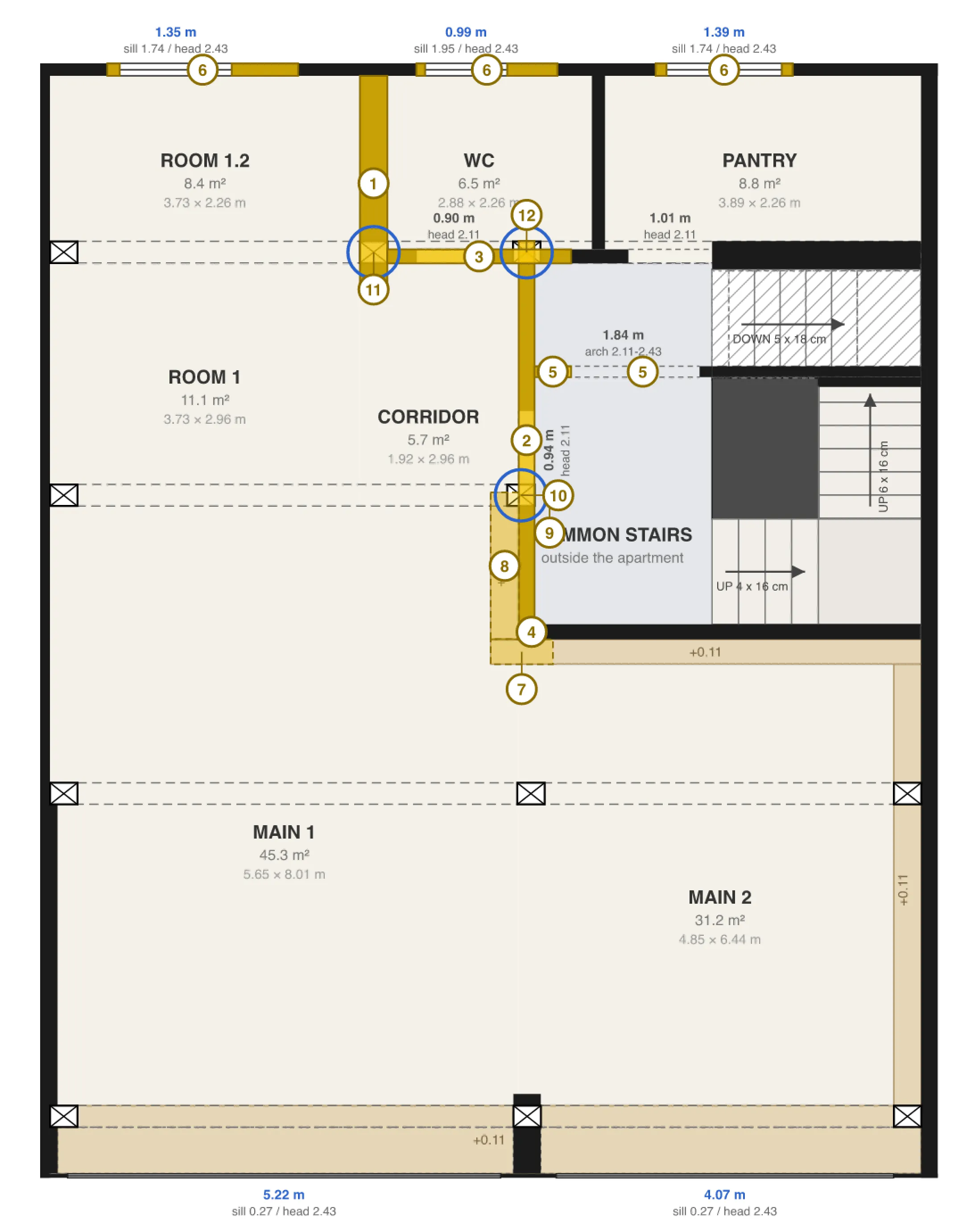 The measured plan with its numbered measure points, walls marked in yellow