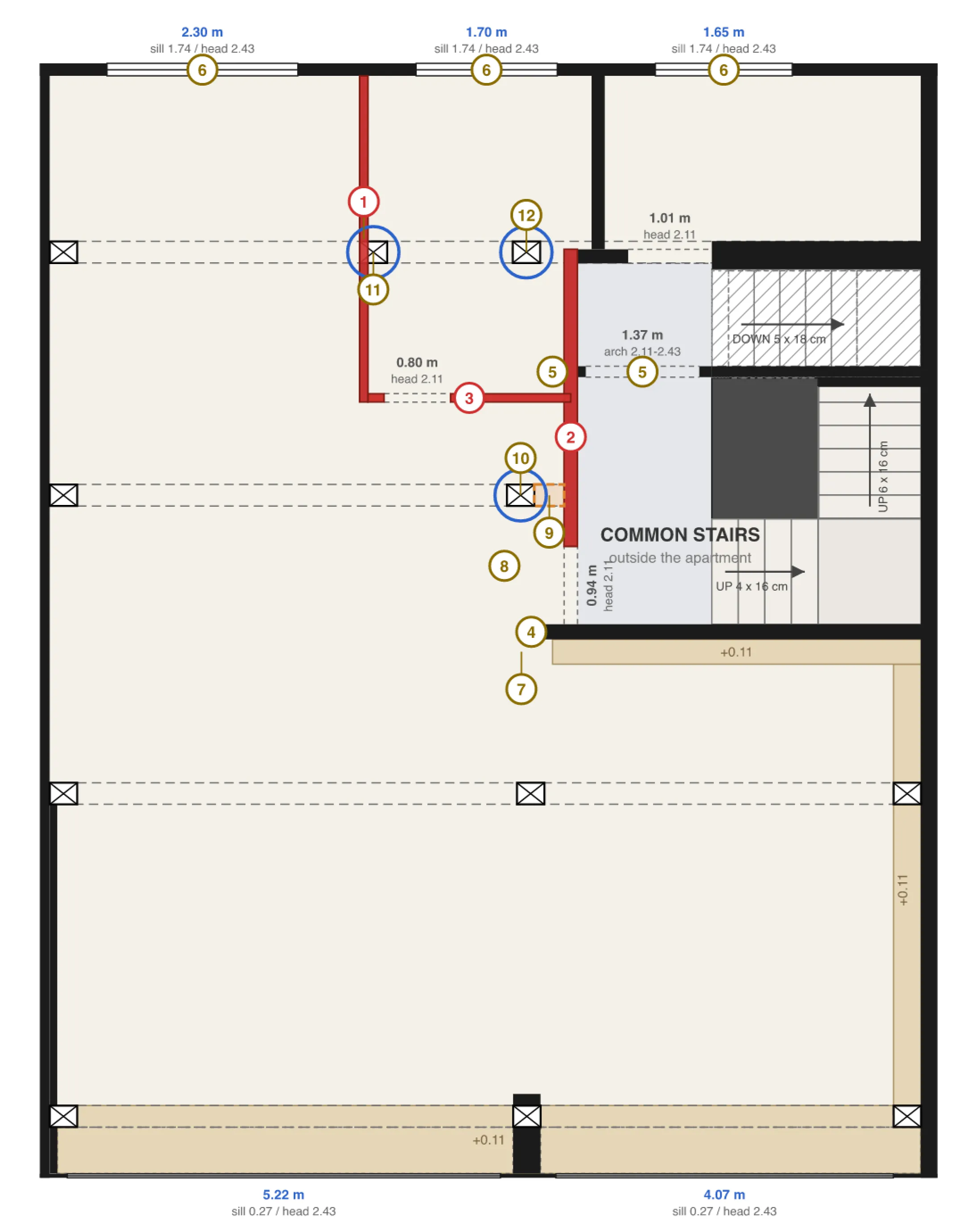 The same plan with walls marked in red