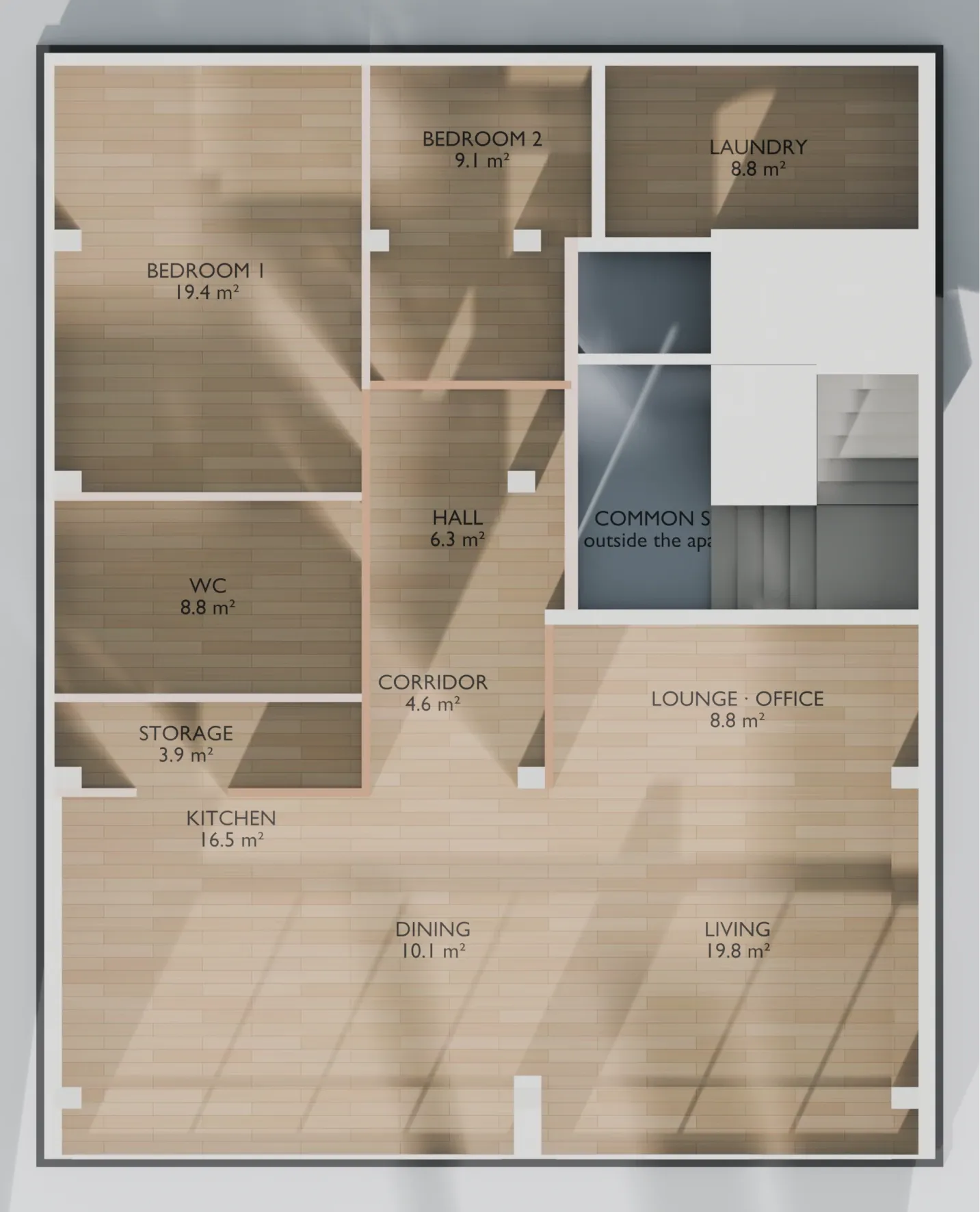 Plan v6 from above, rendered with wooden floors in the sun
