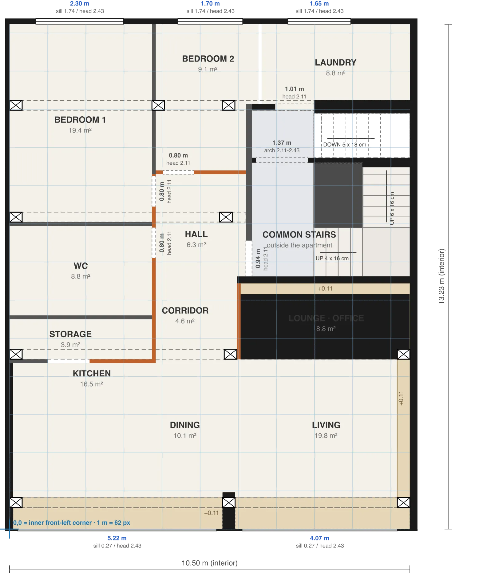 Plan v6: two bedrooms, a laundry, a WC and storage off a hall, and the kitchen, dining and living along the front