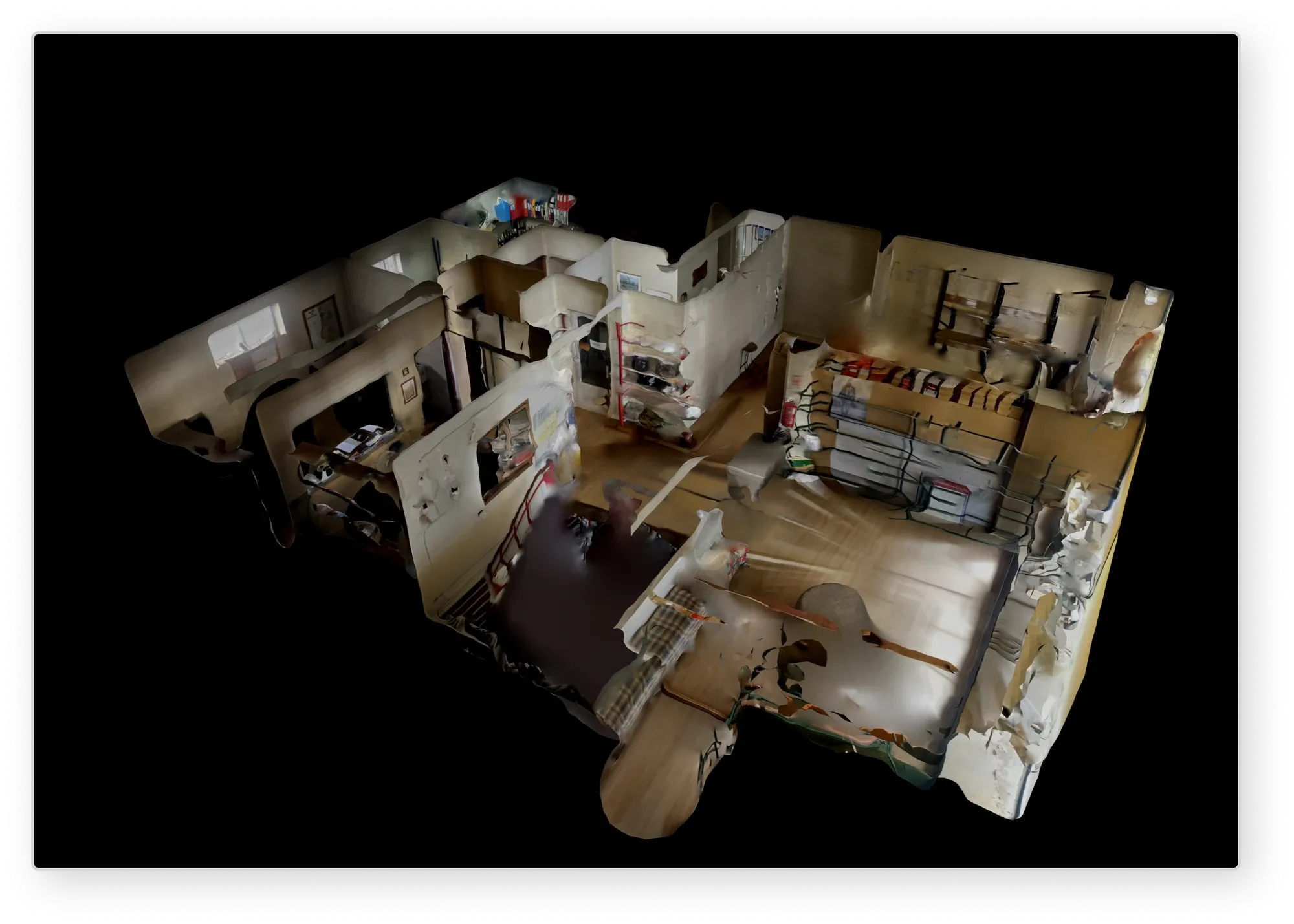 A 3D scan of the store's interior, in colour, on black